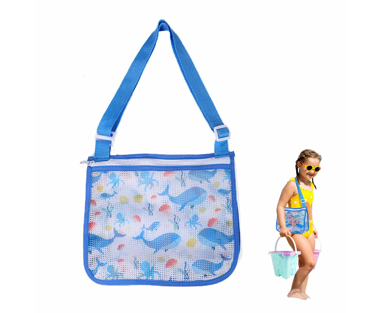 Children Beach Mesh Storage Bag Shell Collection Bag Beach Sand Toy Seashell Bag Dark Blue Whale