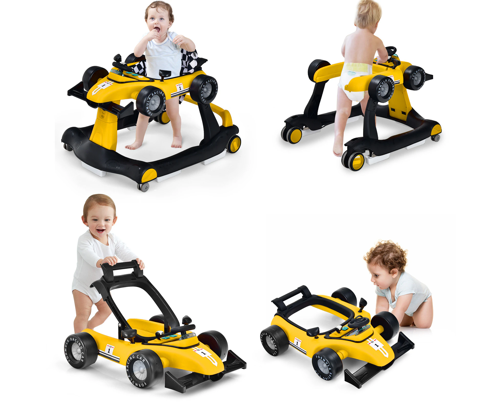 4-in-1 Baby Walker Folding Activity Car Toddler Push Car Adjustable Height & Speed w/Music Box Yellow