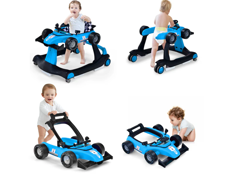 4-in-1 Baby Walker Folding Activity Car Toddler Push Car Adjustable Height & Speed w/Music Box Blue