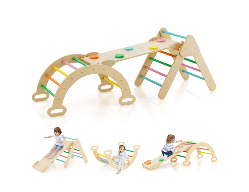 3-in-1 Kids Climbing Toys Playset Wood Rocking Arch Slide Set w/Double Sided Ramp