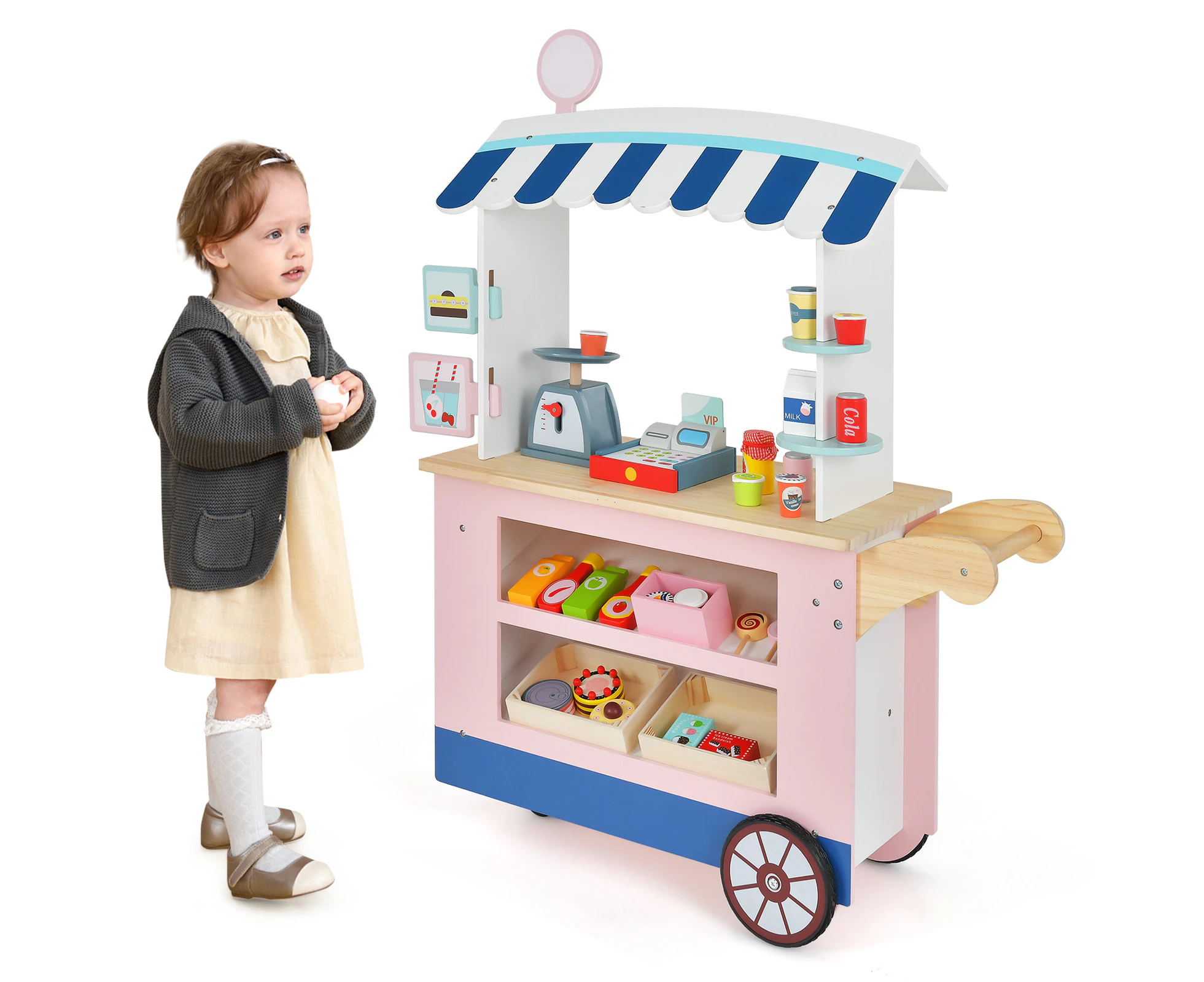 Kids Pretend Play Toys Cart Role-Play Dessert Trolley w/30PCS Accessories & Signboard for 3 Years Old +