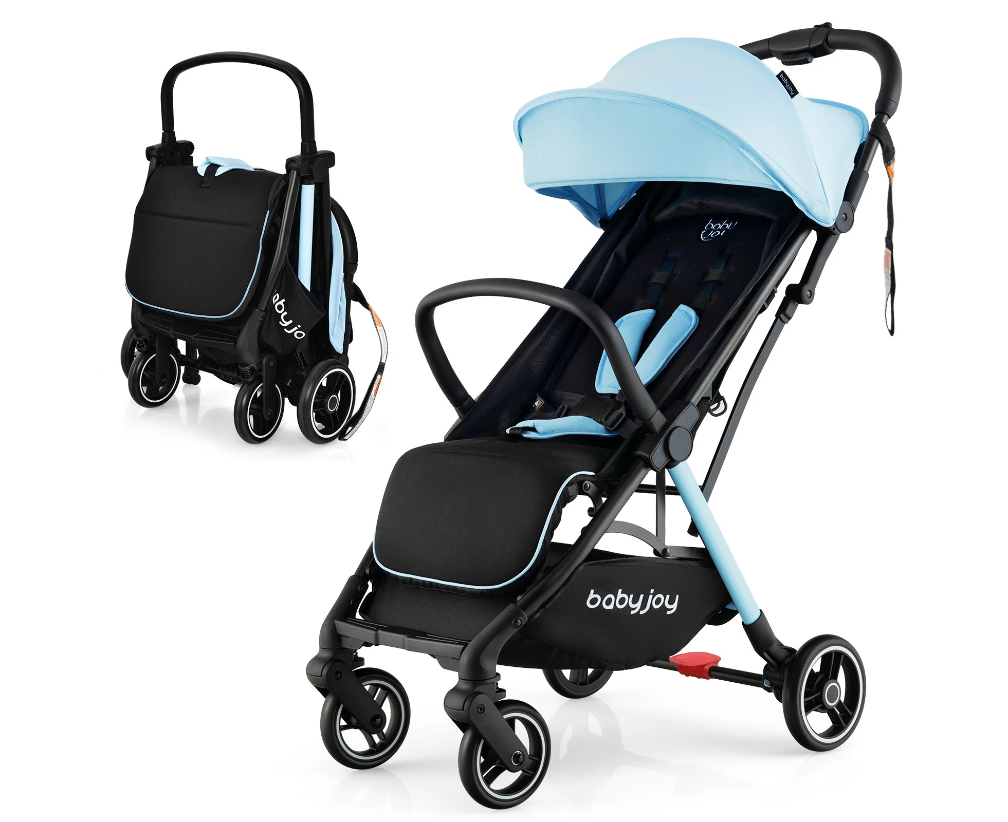 Folding Baby Stroller Portable Infant Prams w/Adjustable Canopy & Backrest & Footrest & Storage Basket Blue