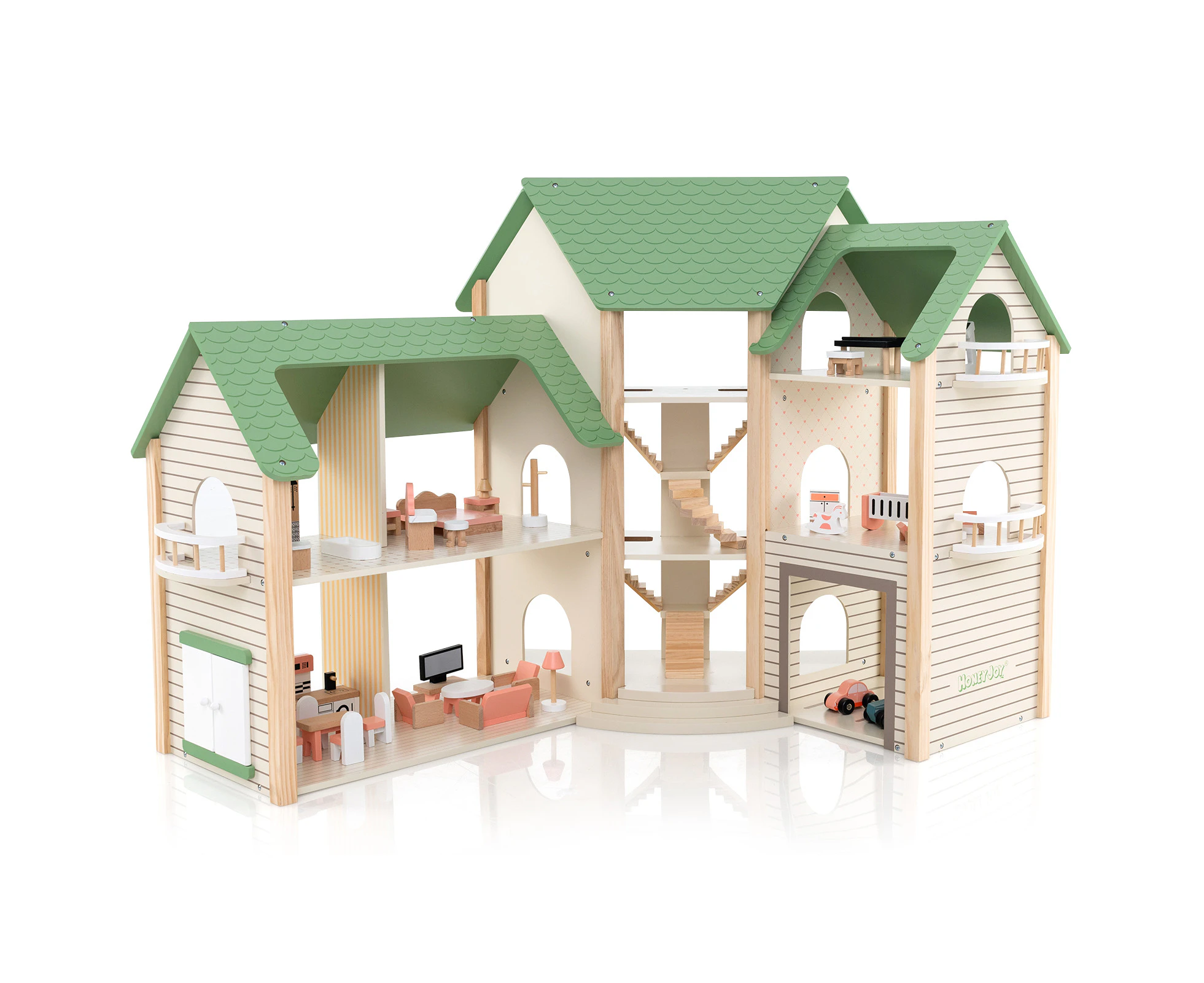 Wooden Kids Dollhouse Playset DIY Pretend Doll House Corner Dream House w/36 ccessories & Green Roof