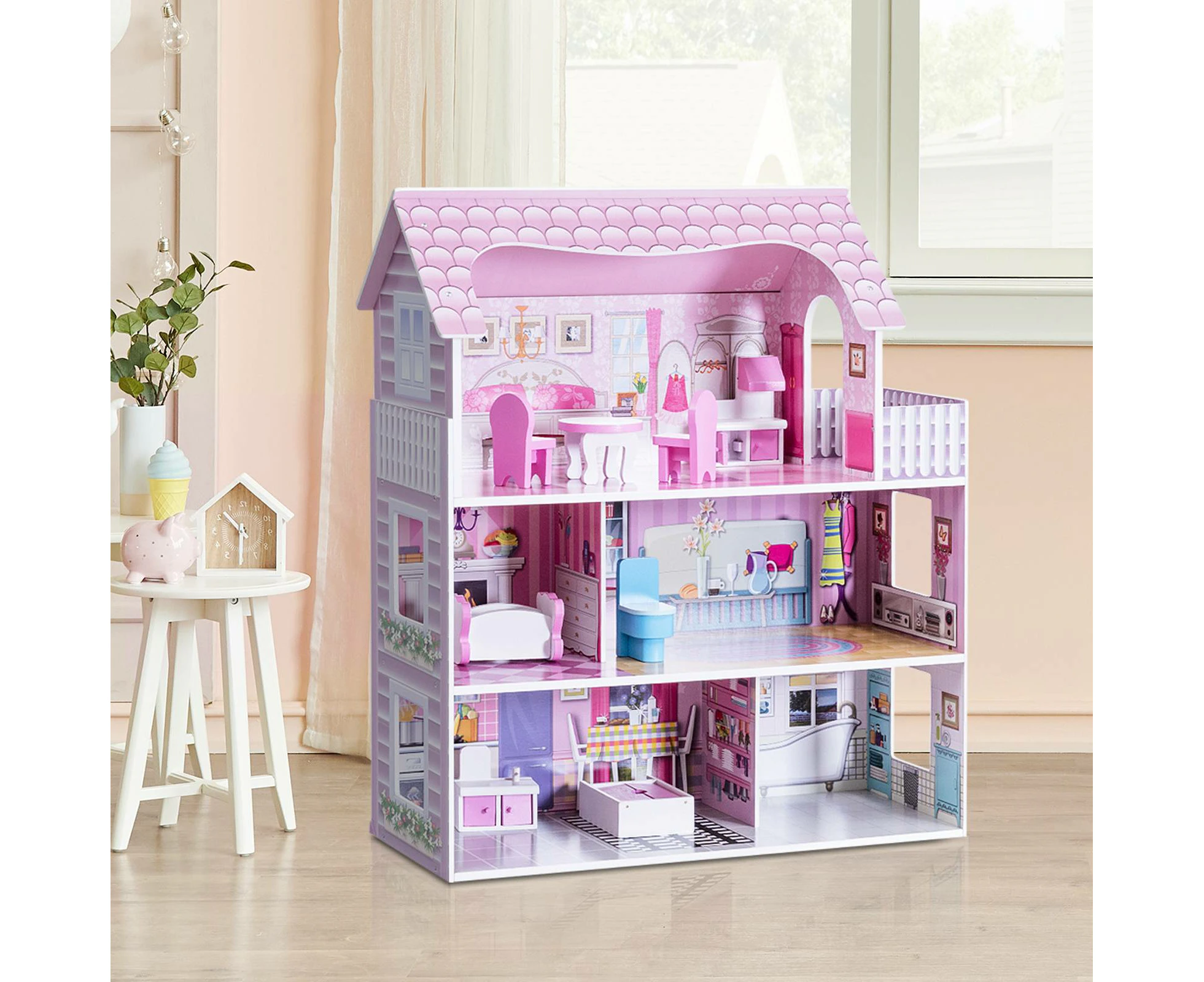 Wooden 3-Level Girls Doll House Kids Pretend Play Toys Furniture set w/8 PCS Accessories