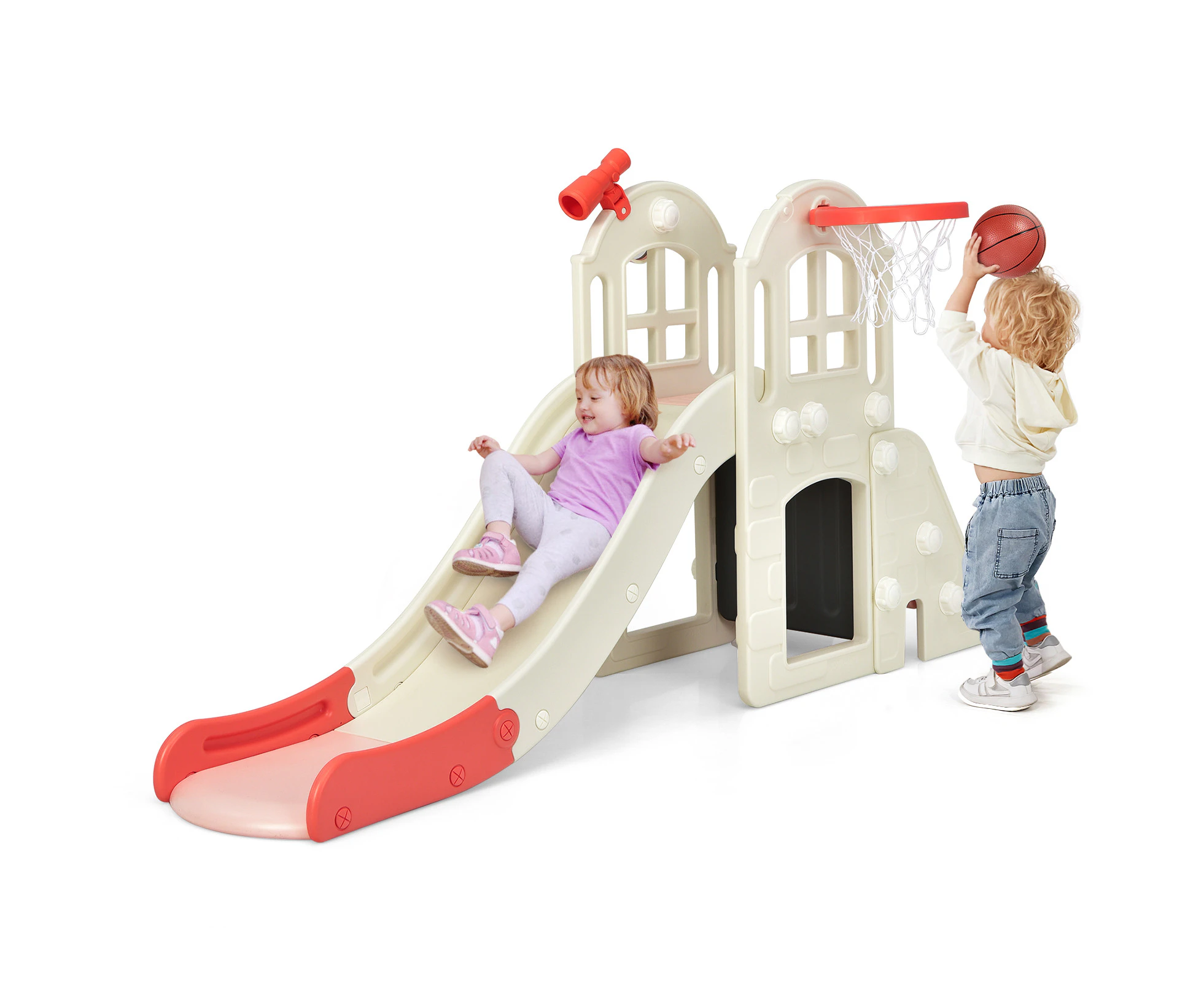 Kids Large Slide Set Toddler Climber Slide Playset w/Basketball Hoop & Ring Toss & Telescope Indoor Outdoor Toys Pink