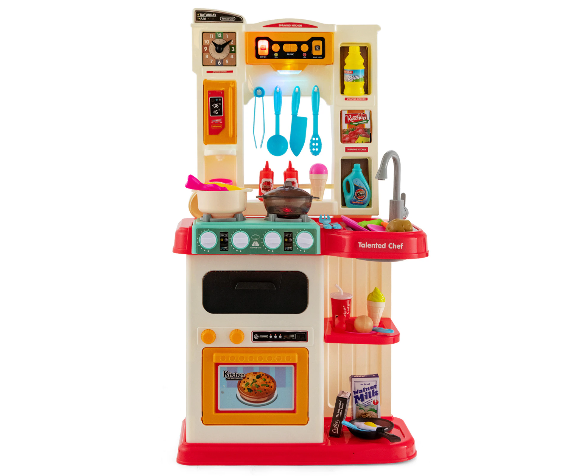 65 Accessories Kids Play Kitchens Wooden Pretend Playset Toys Food w/Sound & Lights for Age 3 + Colorful