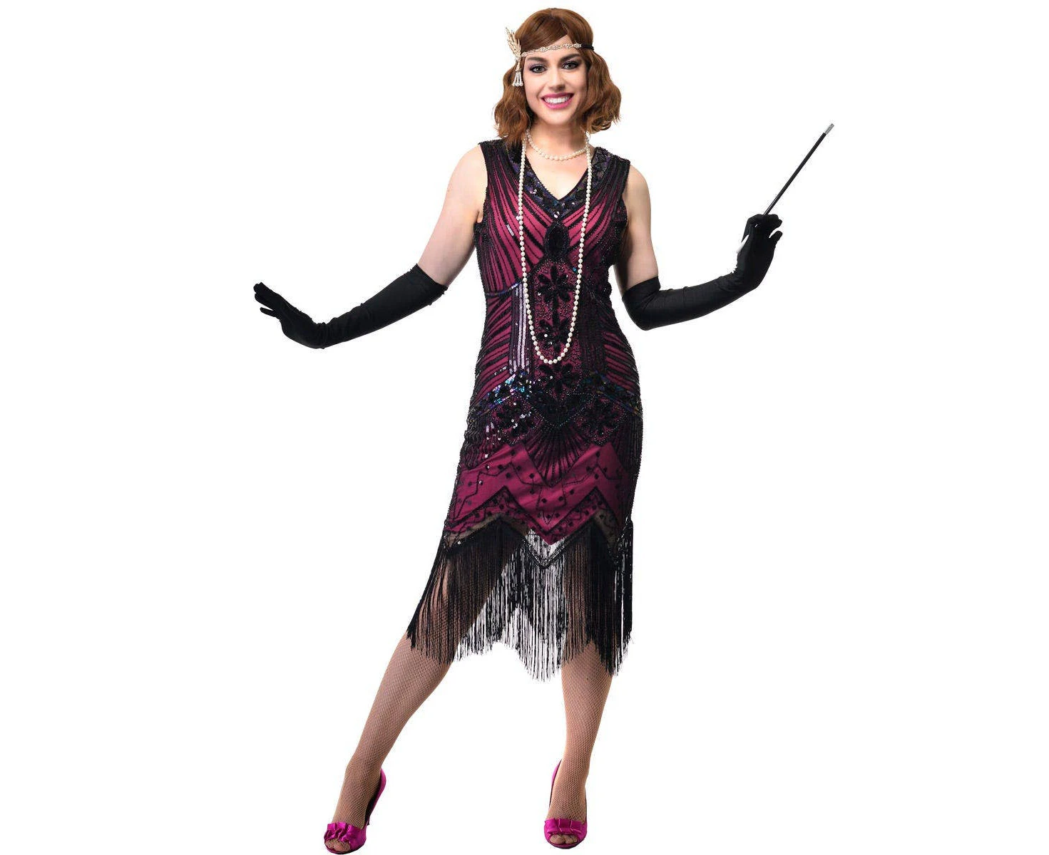 Hot Pink Plus Size Womens 1920s Gatsby Dress with Black Sequins