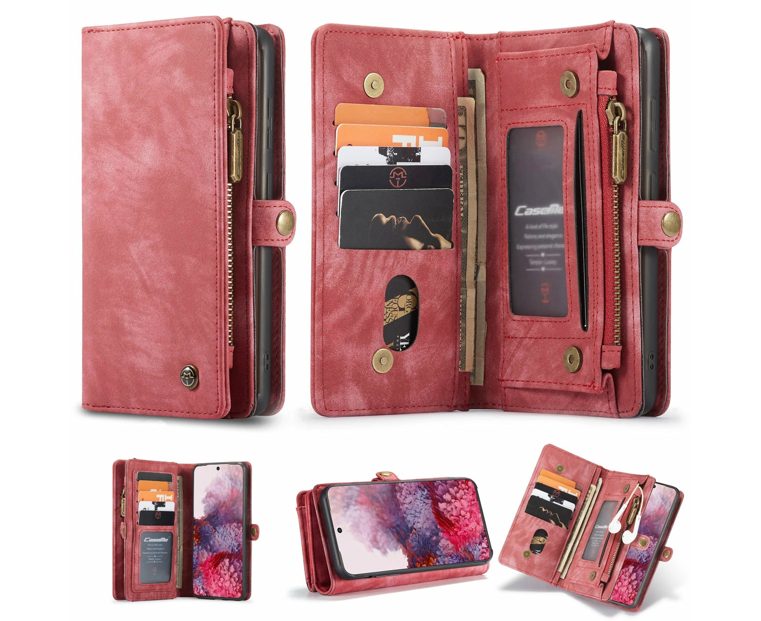 CaseMe iPhone Detachable Case Leather Zip Wallet Cover Apple - Red, iPhone 12 Mini