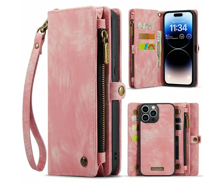 CaseMe iPhone Detachable Case Leather Zip Wallet Cover Apple - Pink, iPhone 14