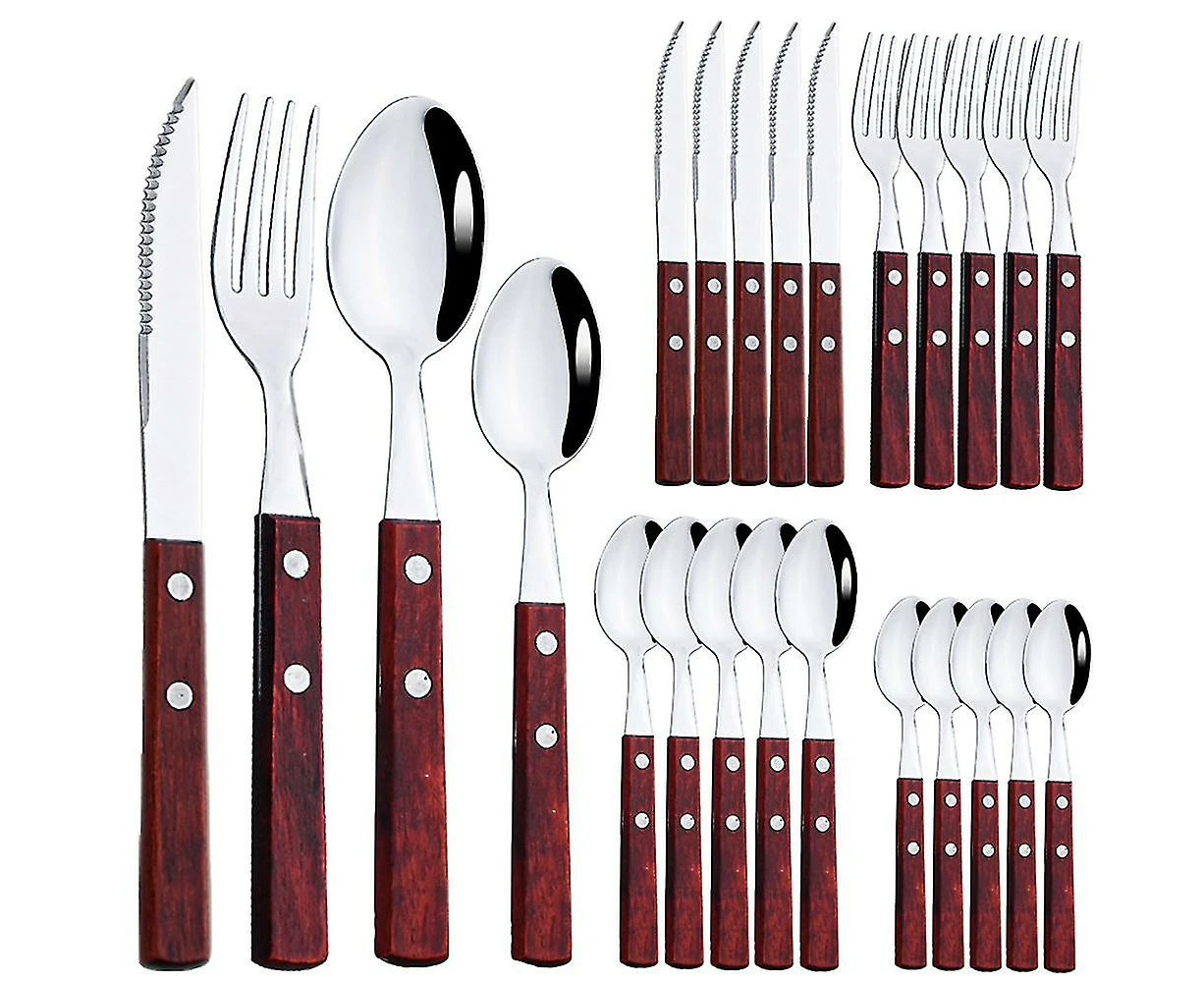 24pcs Cutlery Set Stainless Steel Wooden Tableware Set Spoon Fork Knife Kitchen Dinner And Party Tableware