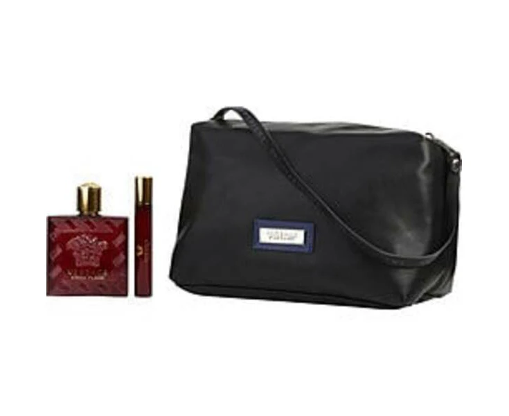 Versace Eros Flame By Gianni Versace Eau De Parfum Spray 3.4 Oz & Eau De Parfum Travel Spray 0.33 Oz & Toiletry Bag For Men