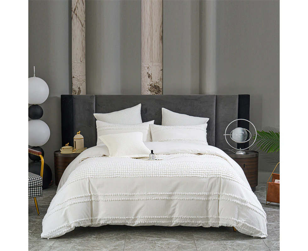 100% Cotton Tufted Stripe Pattern White Quilt Doona Duvet Cover Set