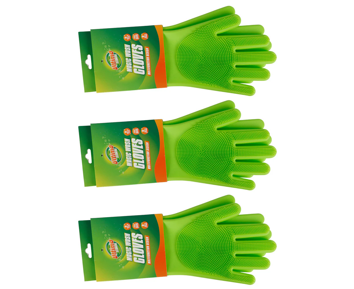 3x Ultimo Magic Washing Up Gloves Green Latex Kitchen Cleaning Gloves 38x15cm