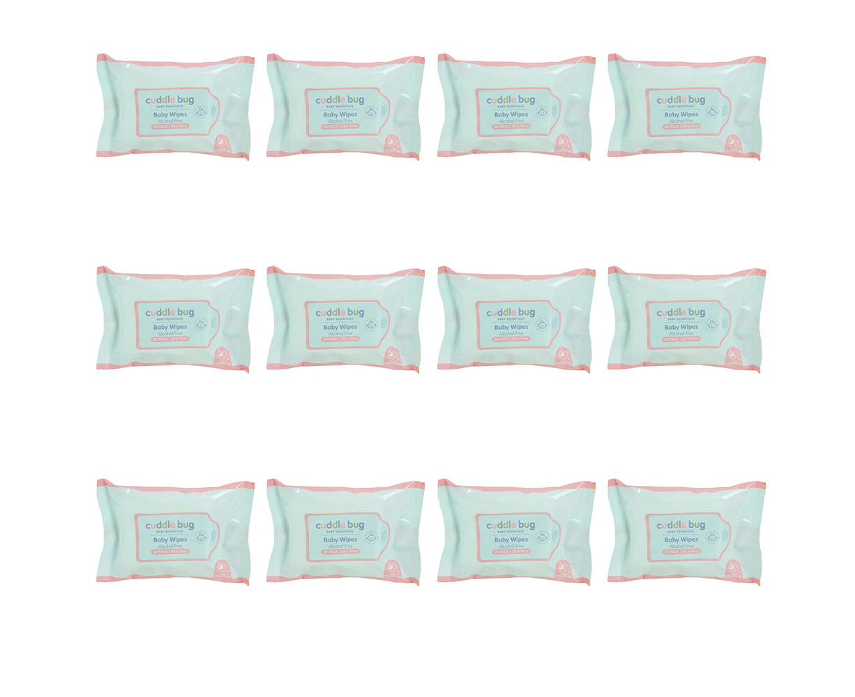 24x 20pc Cuddle Bug Comfort Cleansing Fragrance Free Baby Wipes 14cm Pink/Blue