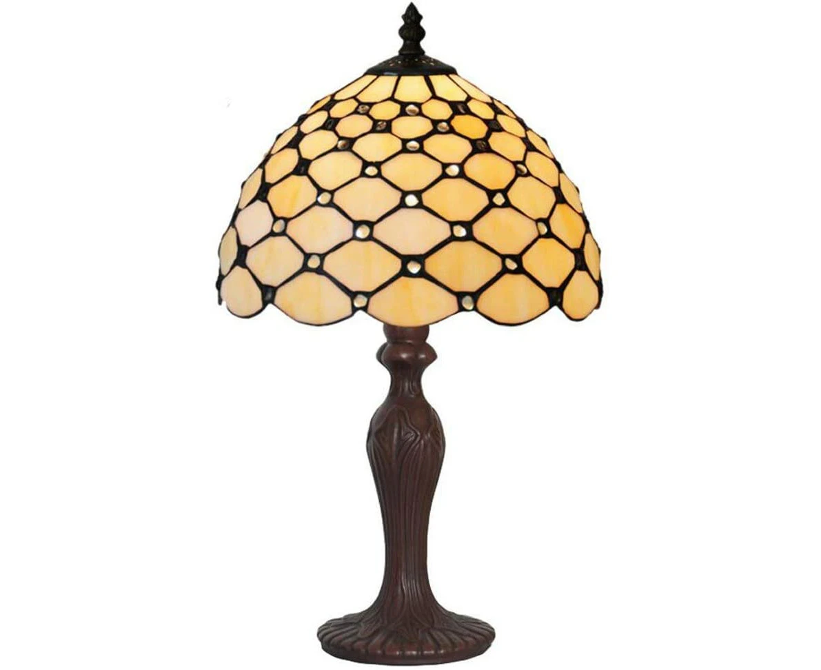 Elegant 10" Tiffany Bedside Lamp Cream Stained Glass Crystal Bead Style Table Reading Lamp