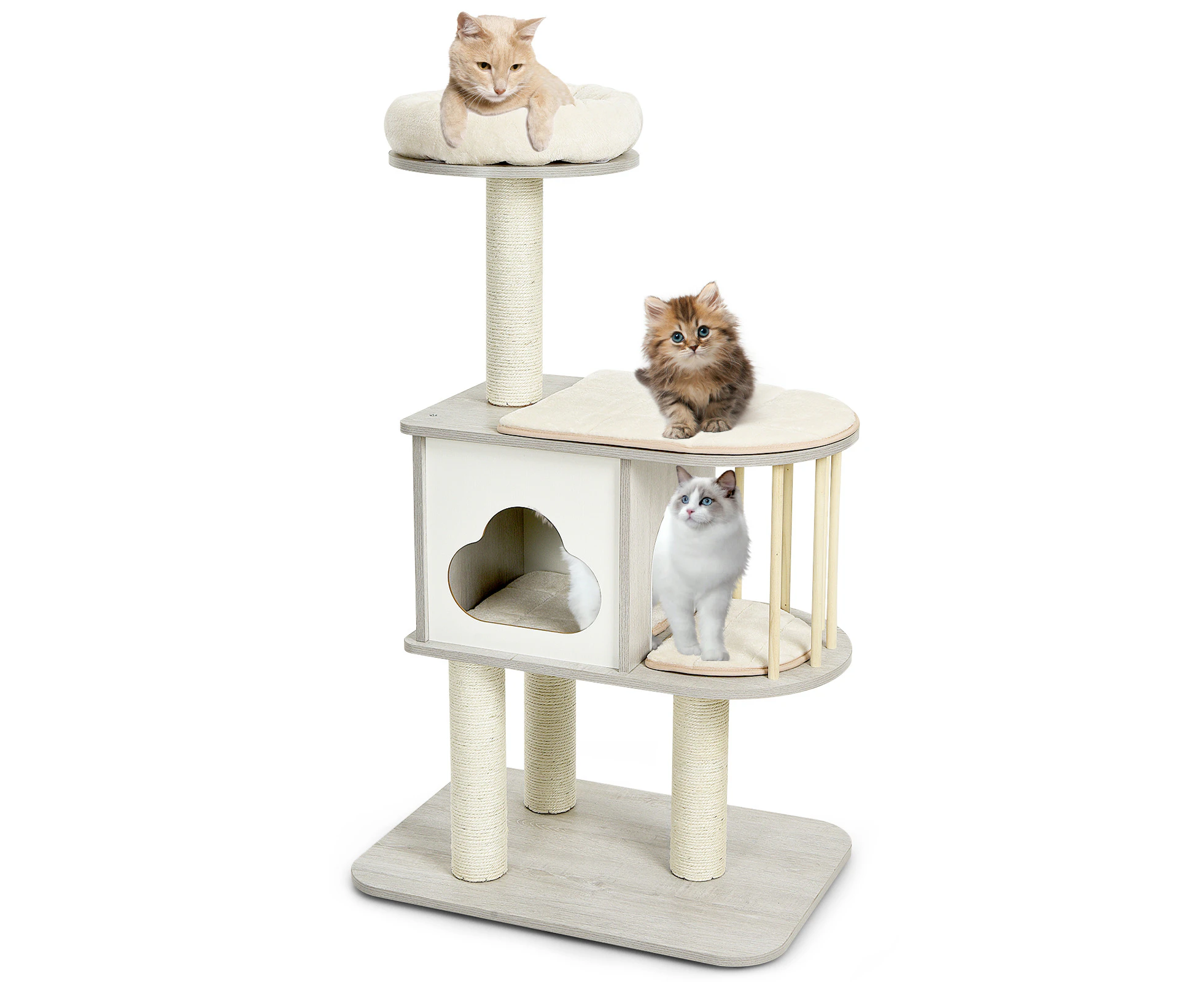 Wooden Cat Tree Tower Kitty Activity Center w/Scratching Post & Washable Cushions Cat Condo House