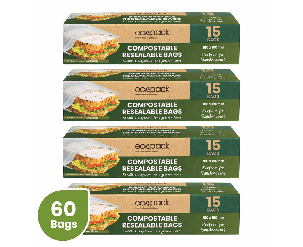 Ecopack Compostable Resealable Sandwich Bags Bundle (4 Boxes/60 Bags)