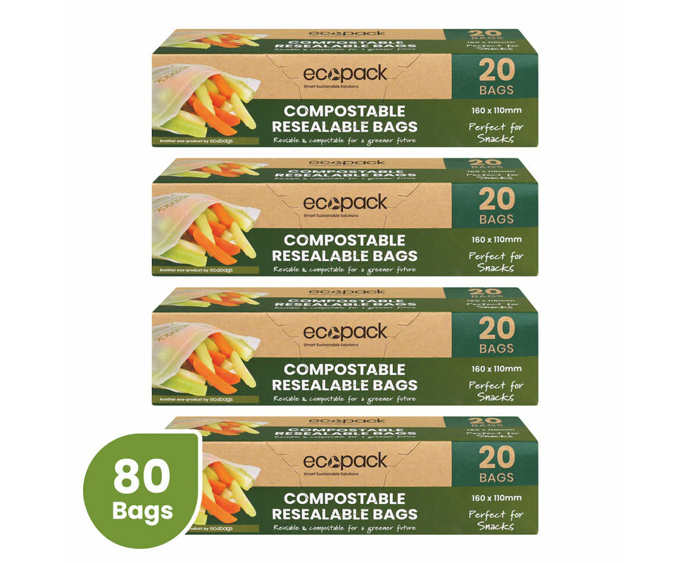 Ecopack Compostable Resealable Snack Bags Bundle (4 Boxes/80 Bags)