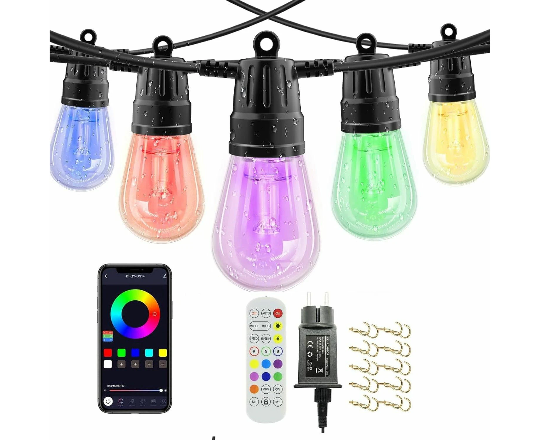 15m Outdoor Festoon Lights with Remote & APP - S14 LED RGB String Lights