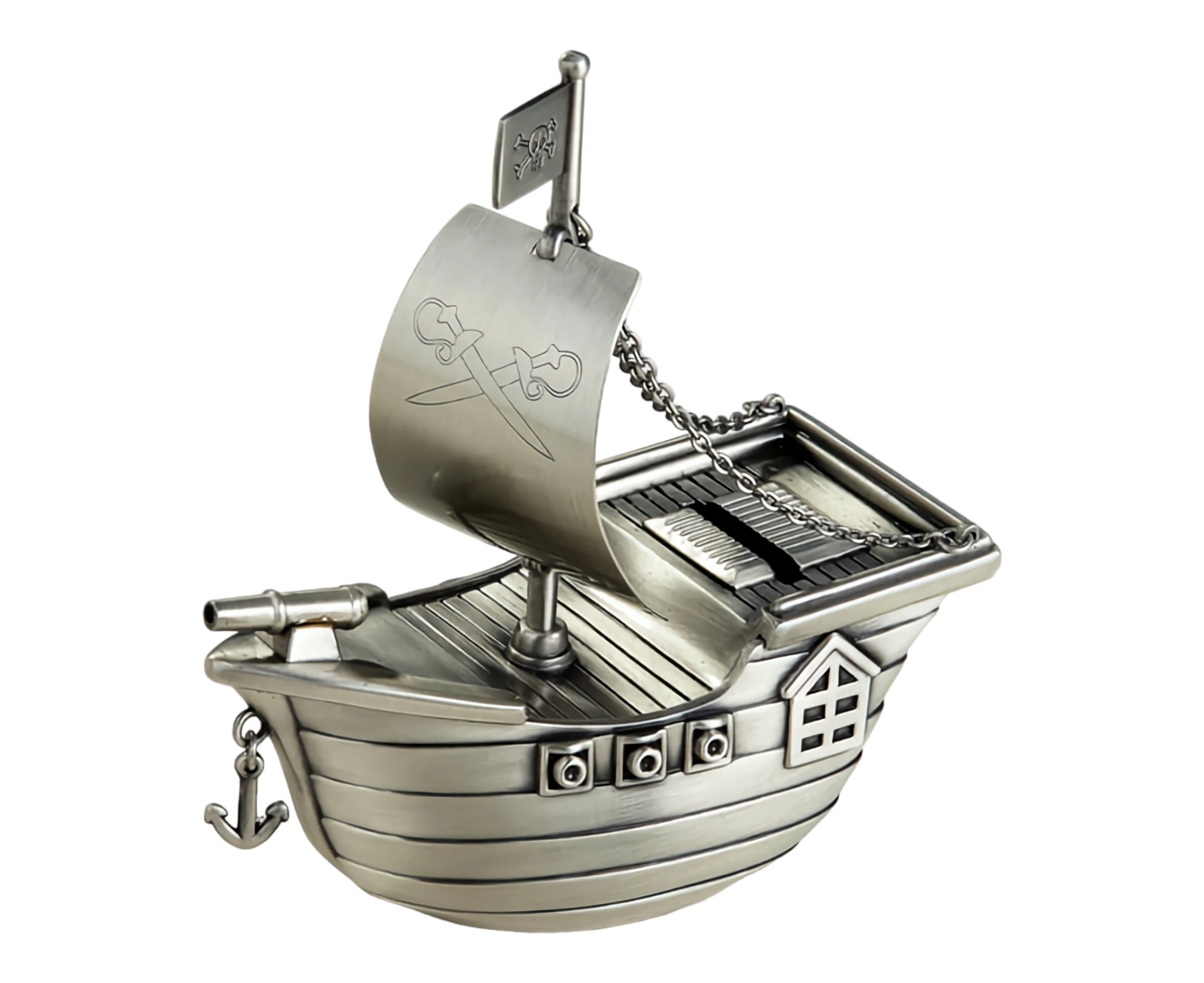 Silver Pewter Jolly Roger Pirate Ship Money Box