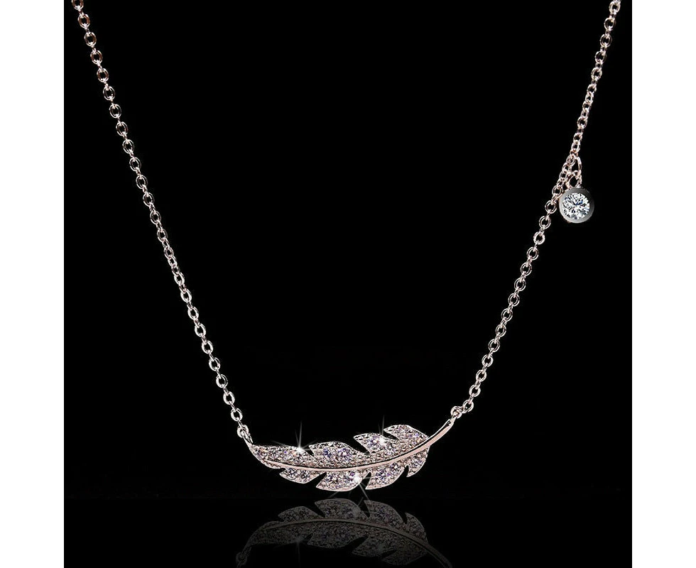 Designer Stainless Steel Simulated Diamond Feather Necklace in Silver