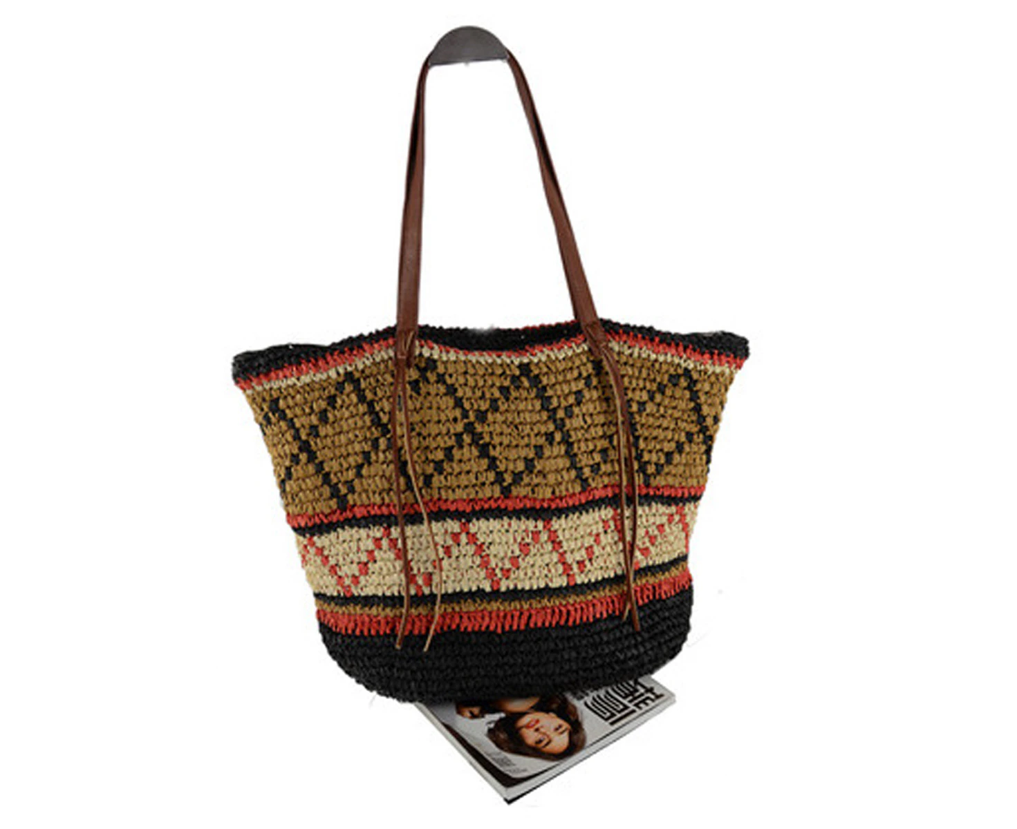 Large Straw Tote Bag for Women - Rattan Woven Beach Bag with Summer Colored Stripes