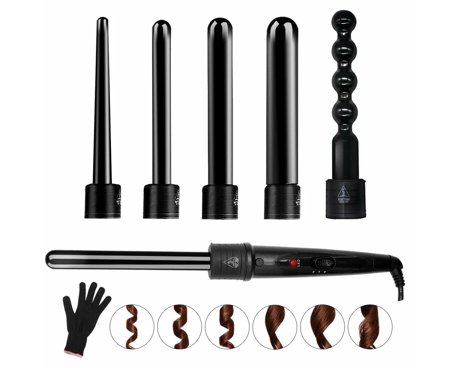 6-in-1 Curling Iron Wand Set with Interchangeable Ceramic Barrels & Heat Protective Glove (Black)