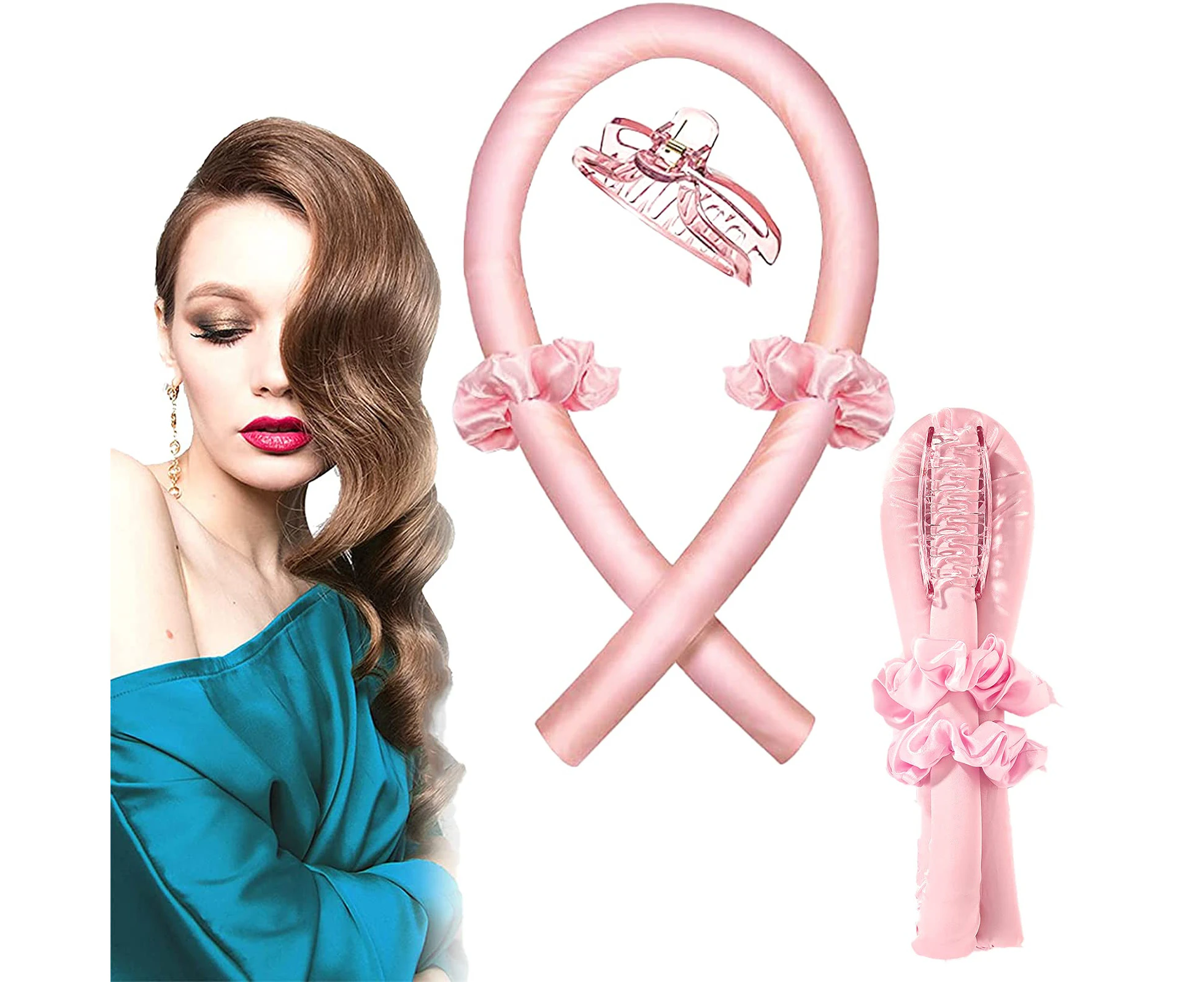 Heatless Curls Band with Silk Hair Ribbon and Hairpin – Overnight Wave Formers for Long Hair (Pink)