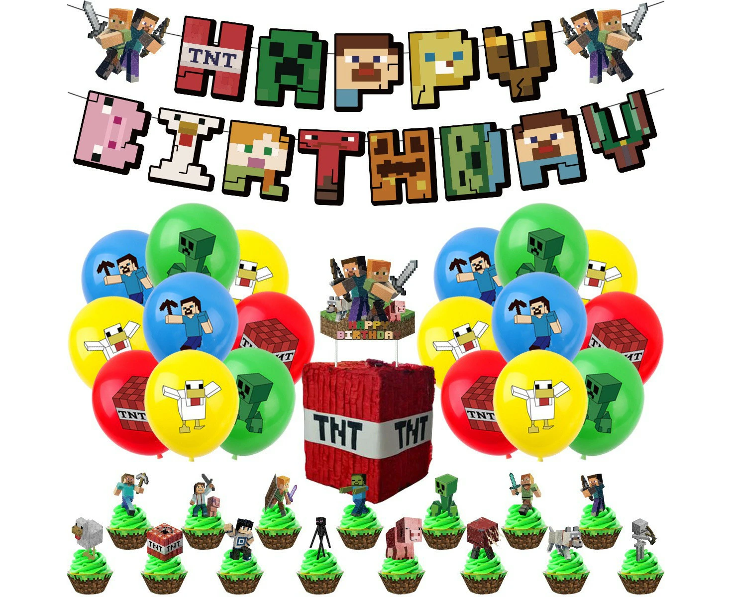 Mine-craft Birthday Party Items Including Banners, Balloons, Cakes And Cupcake Decorations