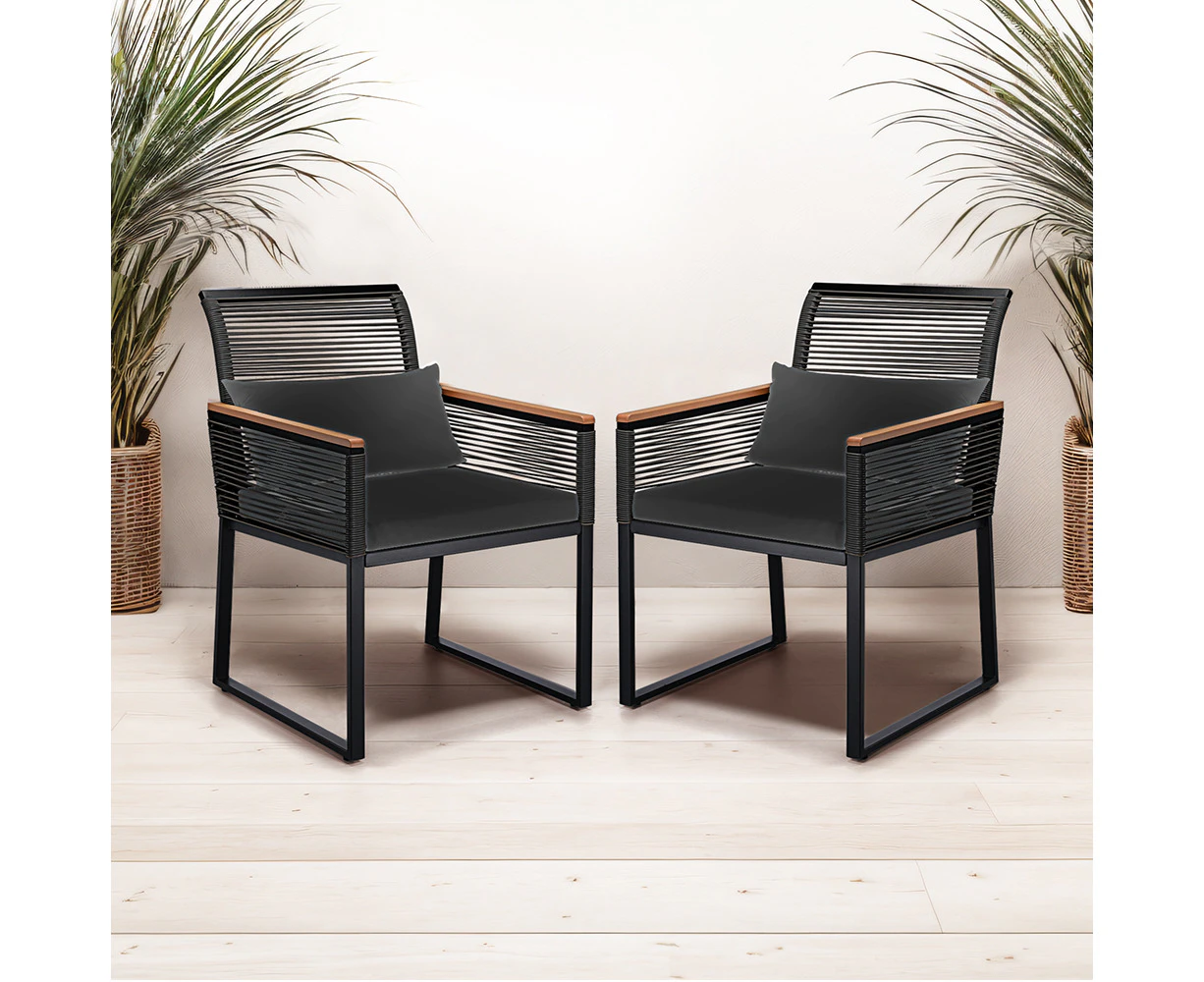 Groverdi Set of 2 Outdoor Wicker Lounge Dining Chairs with Curved Backrest and Cushion, Black