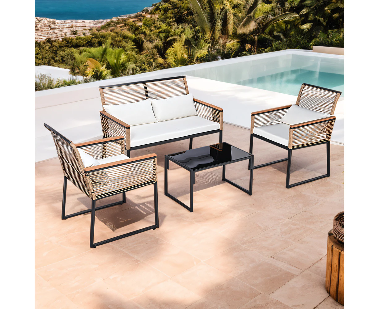 Groverdi 4PCS Wicker Outdoor Furniture Set with Zipper Cushion, Armrests and Steel Frame, Wood