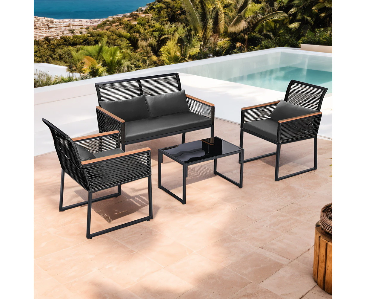 Groverdi 4PCS Wicker Outdoor Furniture Set with Zipper Cushion, Armrests and Steel Frame, Black