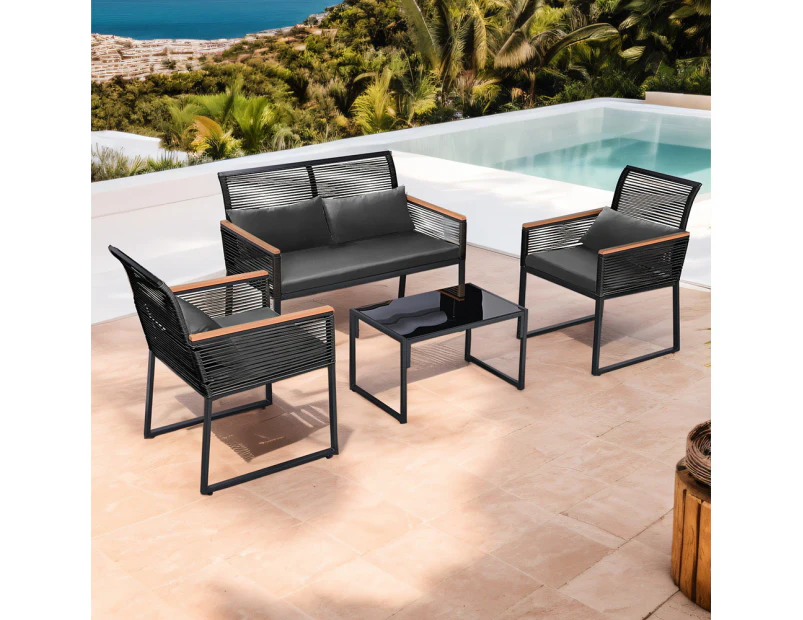 Groverdi 4PCS Wicker Outdoor Furniture Set with Zipper Cushion, Armrests and Steel Frame, Black