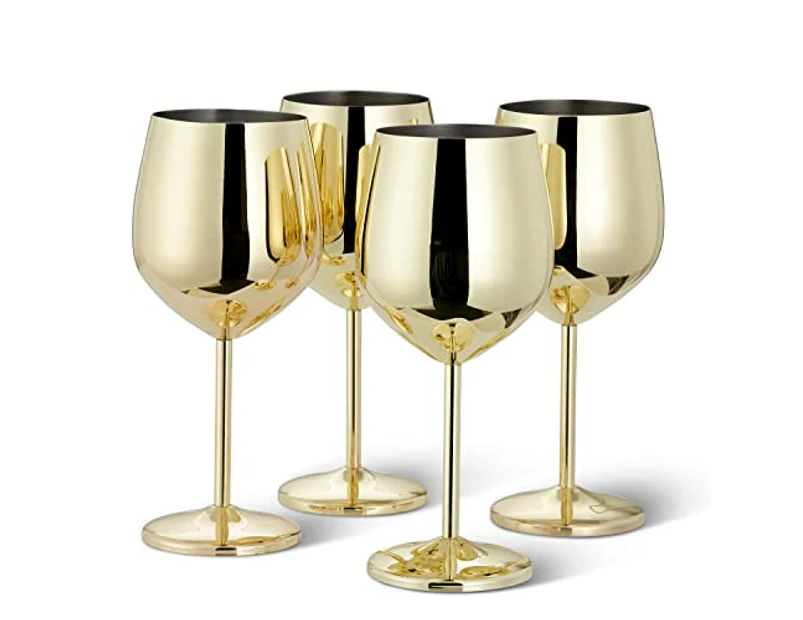 4 Elegant Stainless Steel Gold Wine Glasses, 500ml