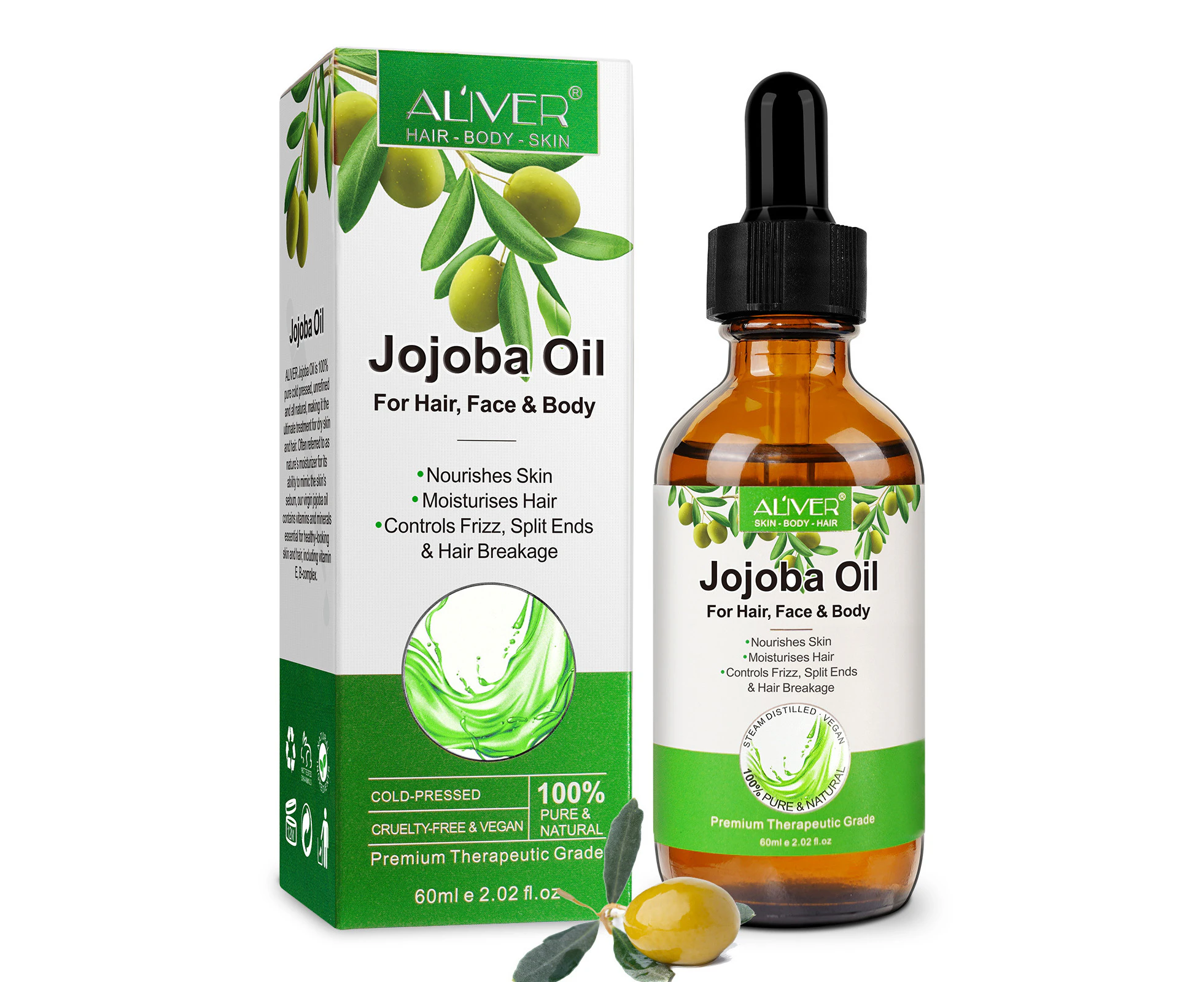 Aliver 100% Pure & Natural Jojoba Oil for Hair Growth Skin Body Face Cold Pressed Organic Essential Moisturizing Massage Nails Anti Hair Loss 60ml