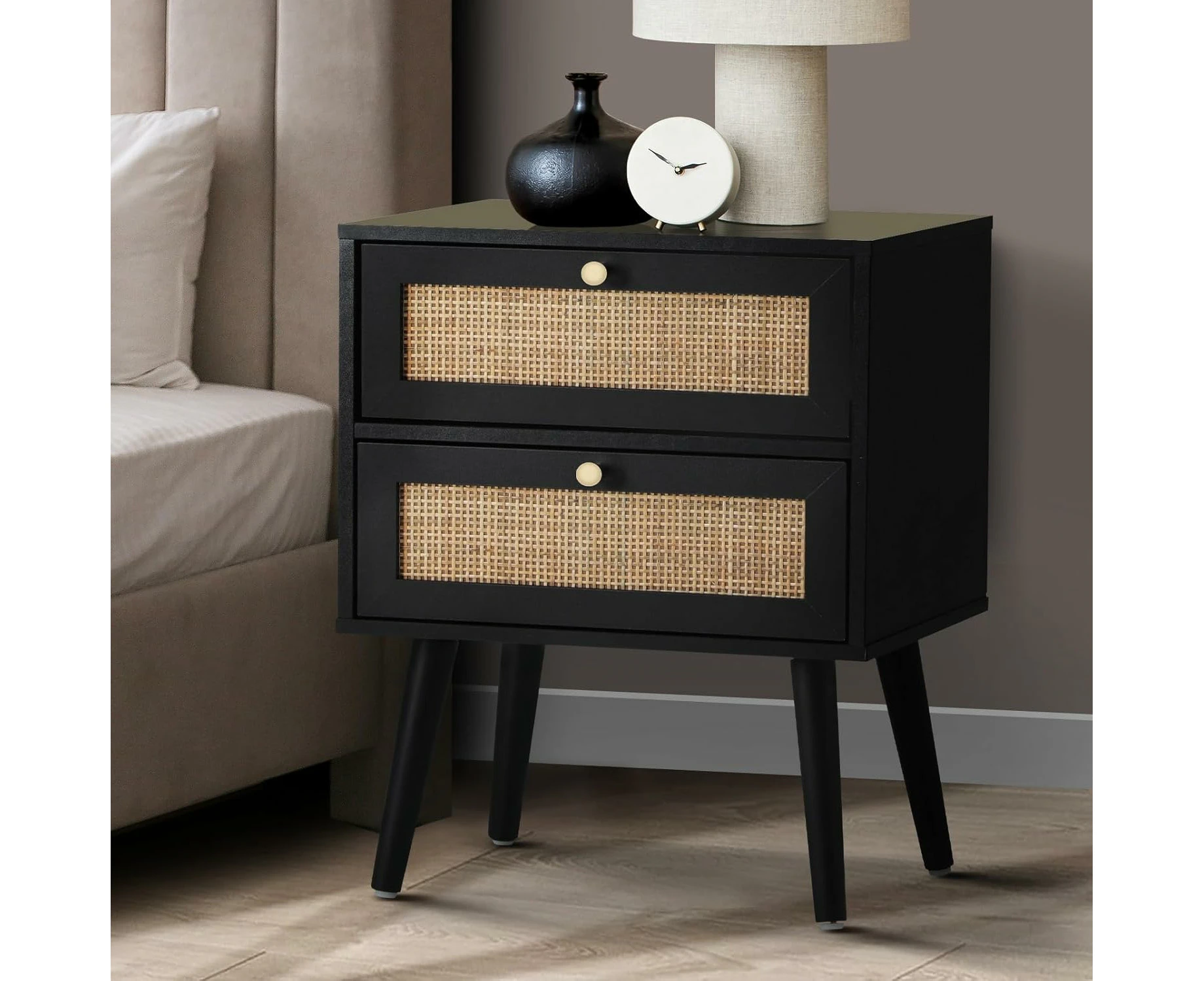 Black Bedside Tbale with 2 Rattan Drawers End Table Storage Cabinet