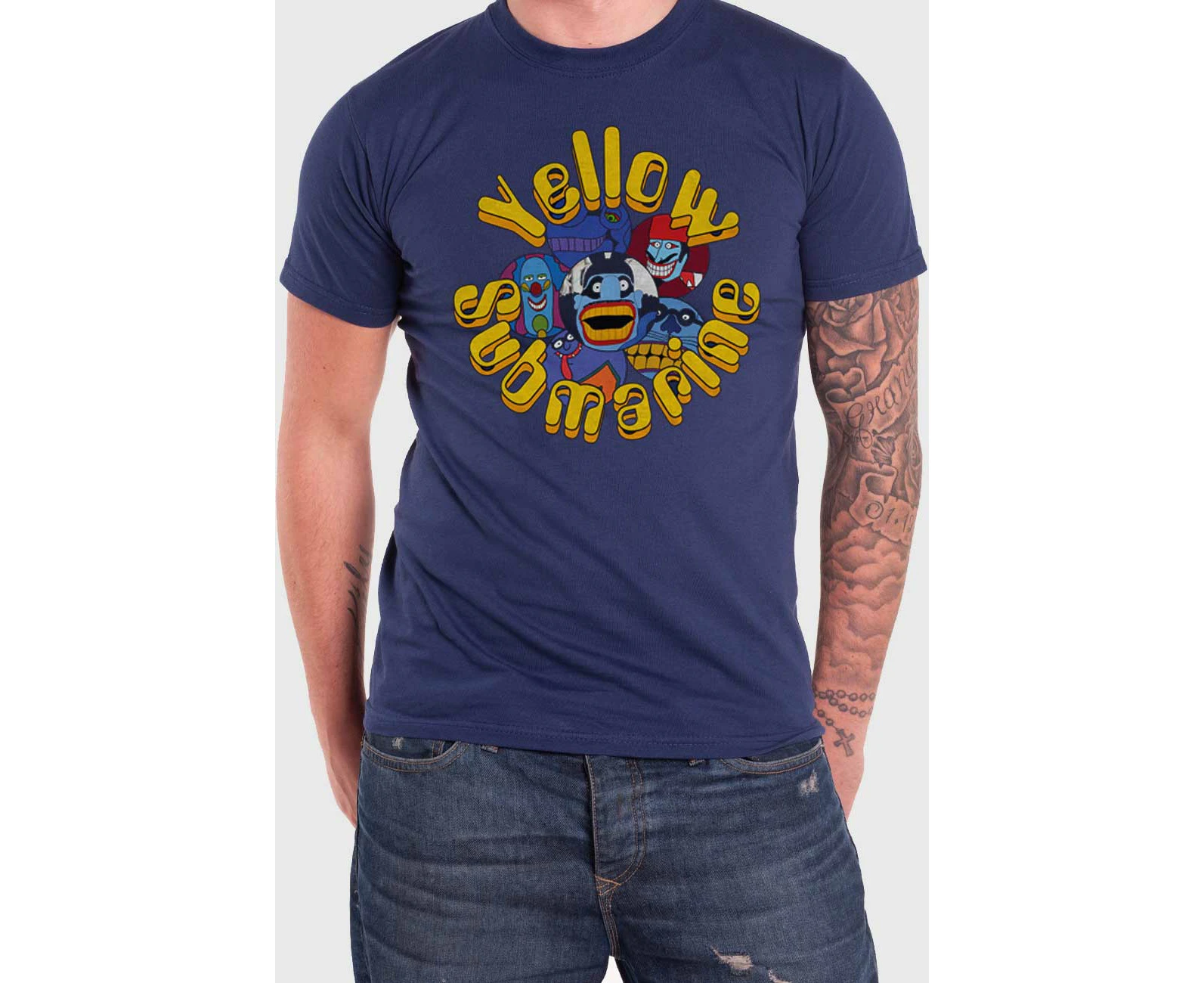 The Beatles T Shirt Yellow Submarine Baddies Logo  Official Mens Navy