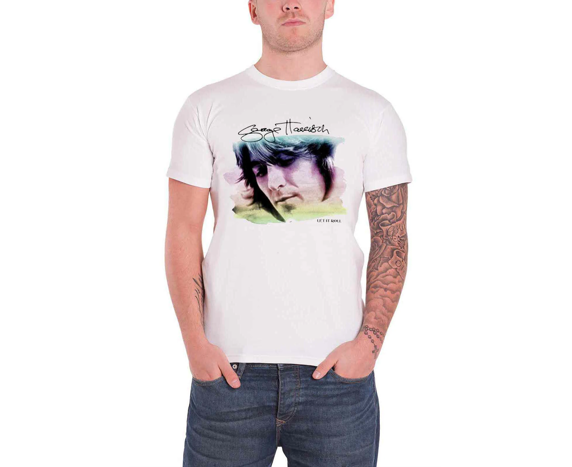 George Harrison T Shirt Water Color Portrait Let It Roll Official  Mens - White