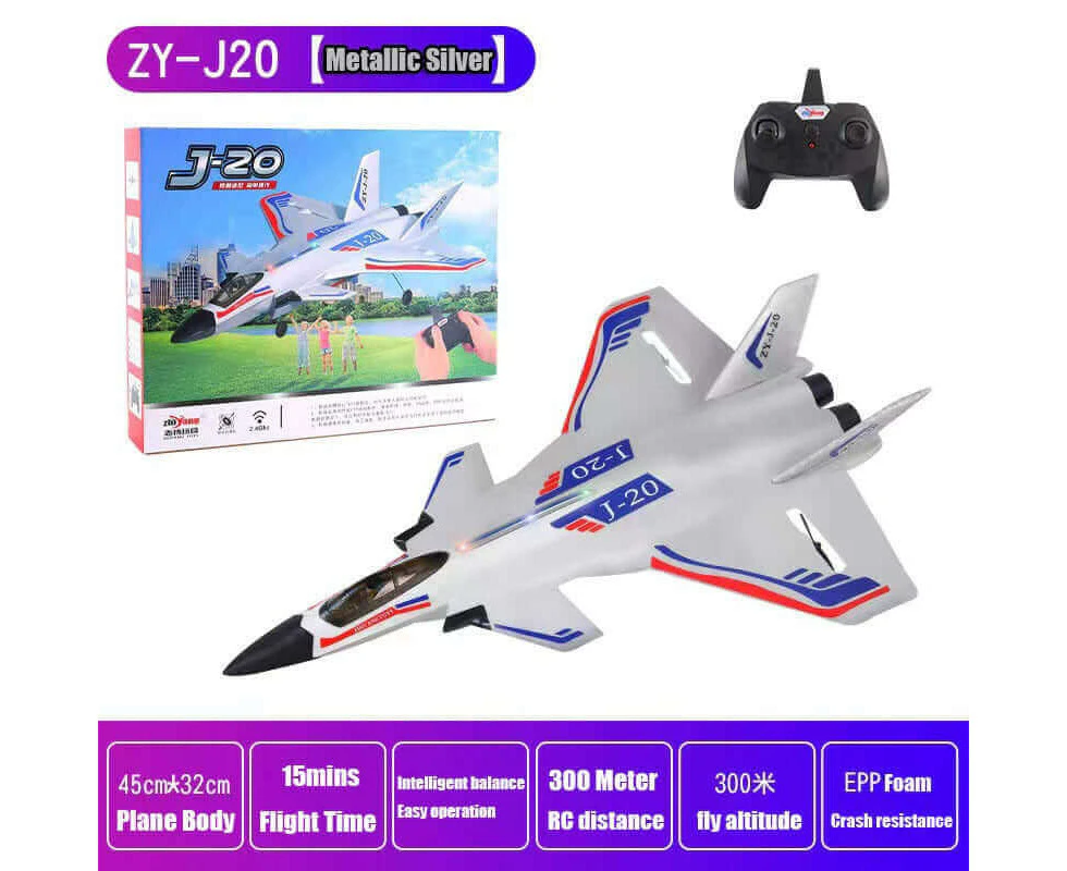 2.4GHz J20 RC Fighter Jet with Cool Lights - Remote Control Fixed-Wing Aircraft Made of Durable Foam - Model Glider Toy with Auto-Balance Feature and 30...