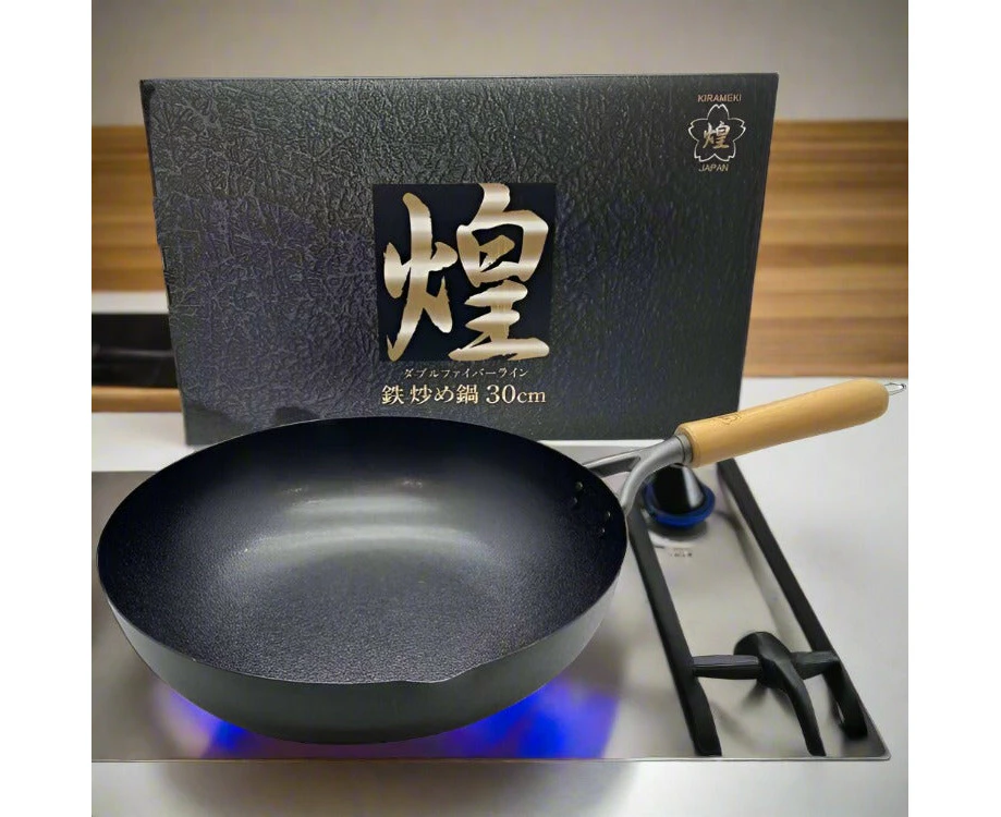 Kirameki Cast Iron Double Fiber Line Stir-fry Wok (Made in Japan) - 30cm