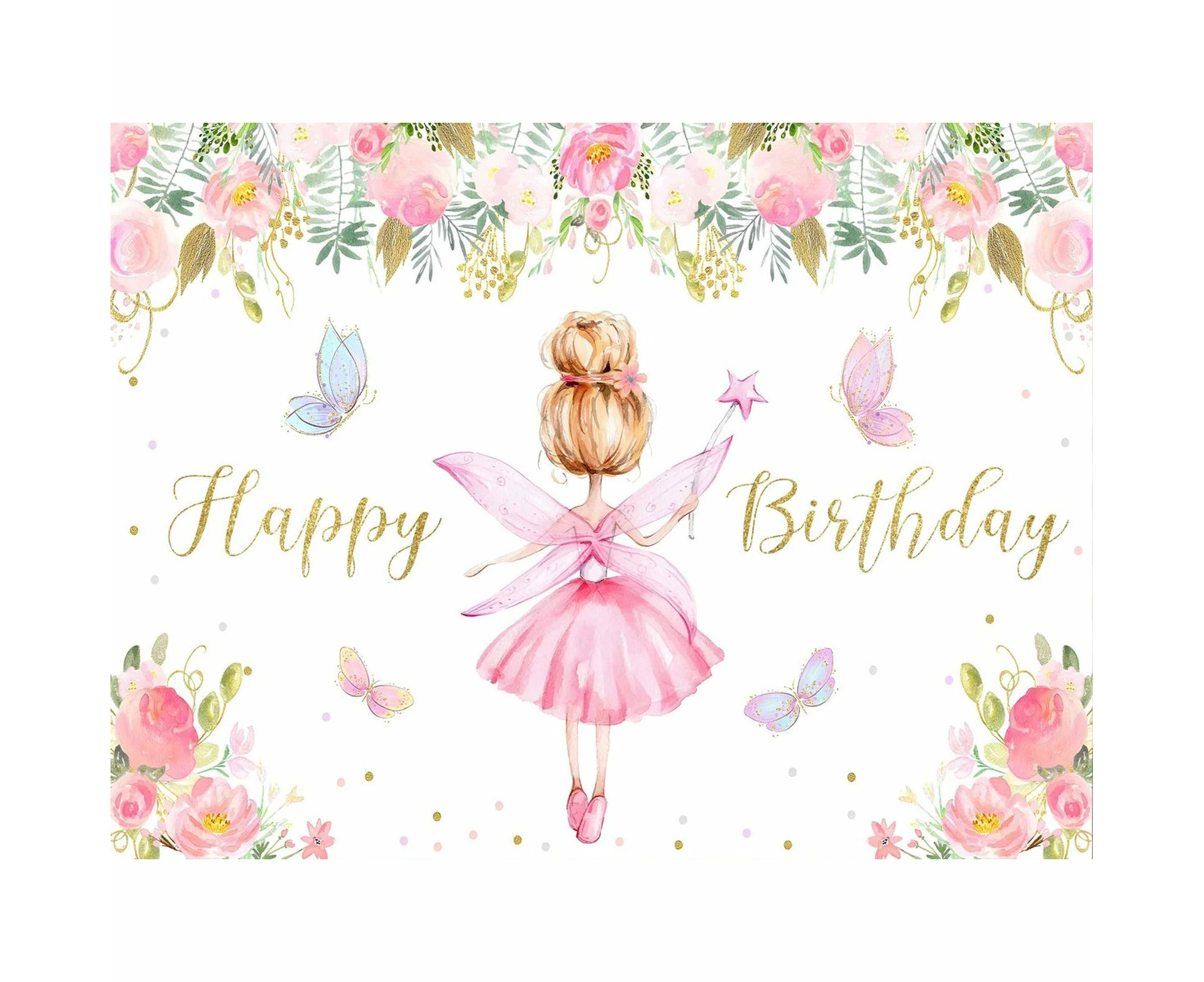 Floral Fairy Happy Birthday Fabric Backdrop