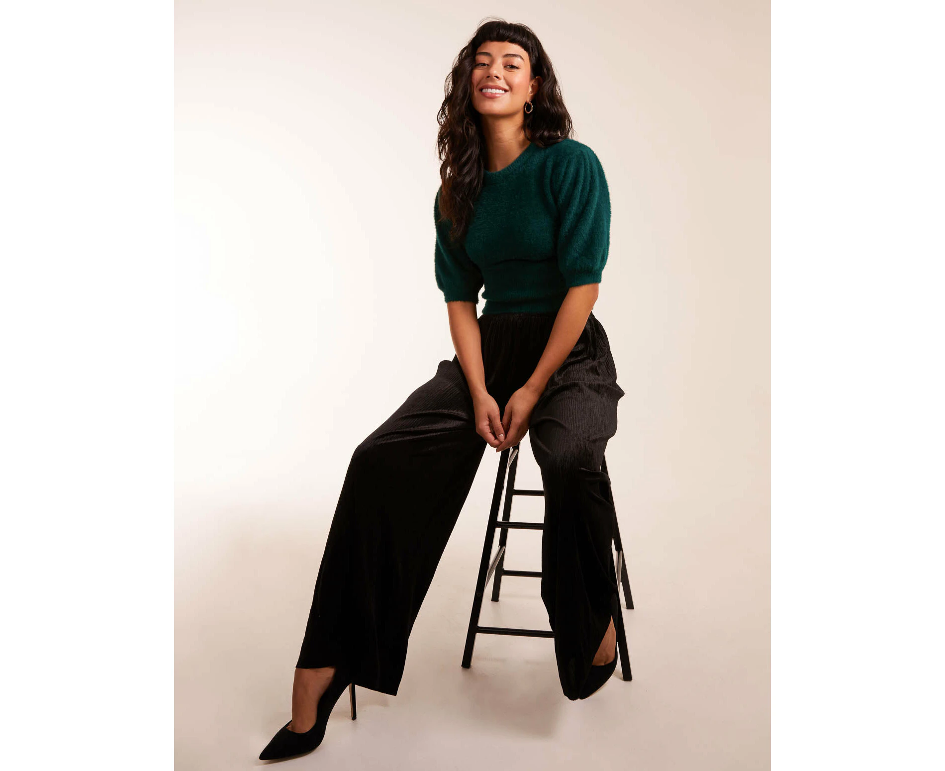Blue Vanilla Wide Leg Textured Velour Trouser-BLACK