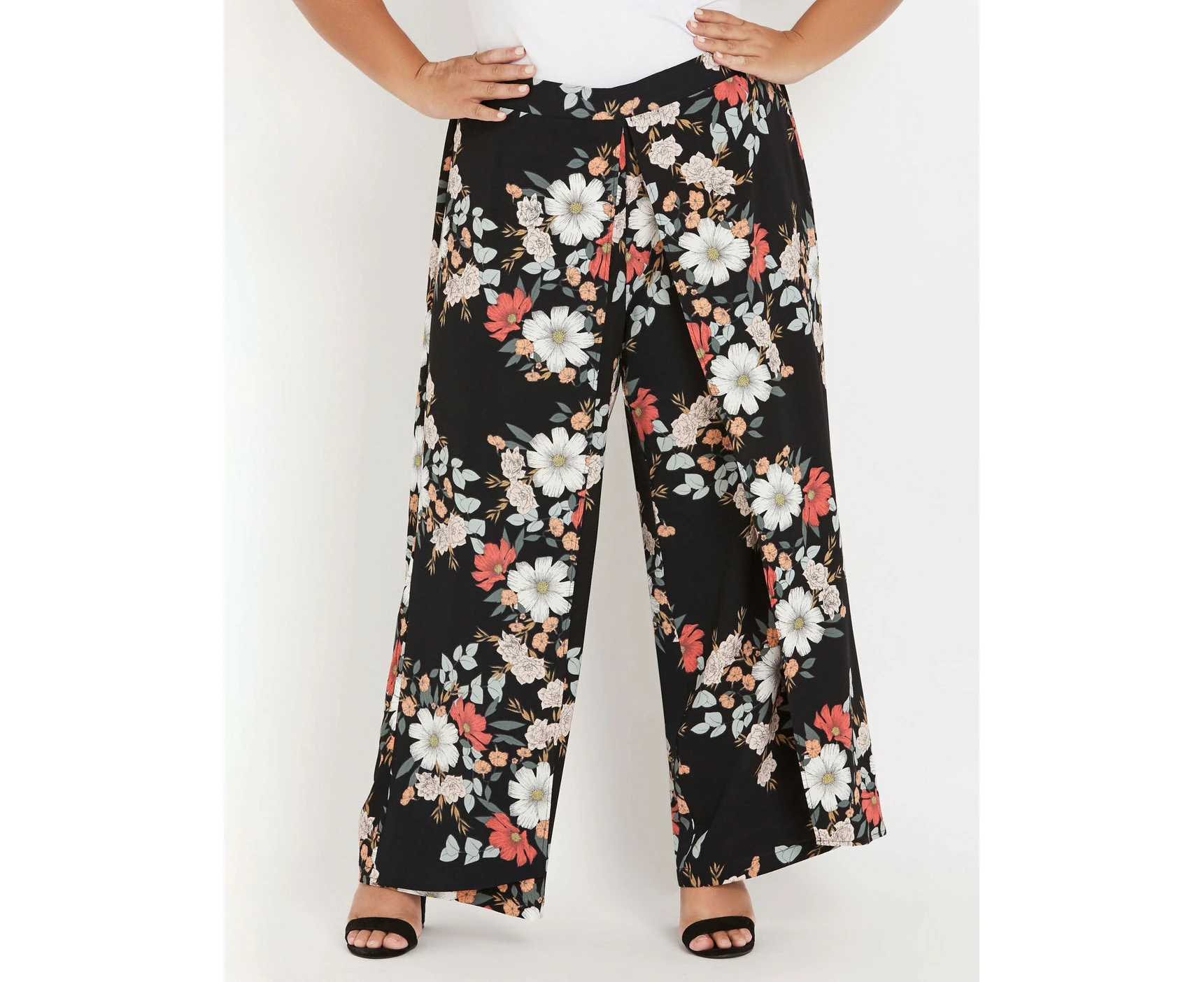 BeMe - Womens Plus Size - Pants / Trousers - Winter - Black - Floral Vintage - Wide Leg - Mid Rise - Full Length - Office Wear - Casual Work Clothes