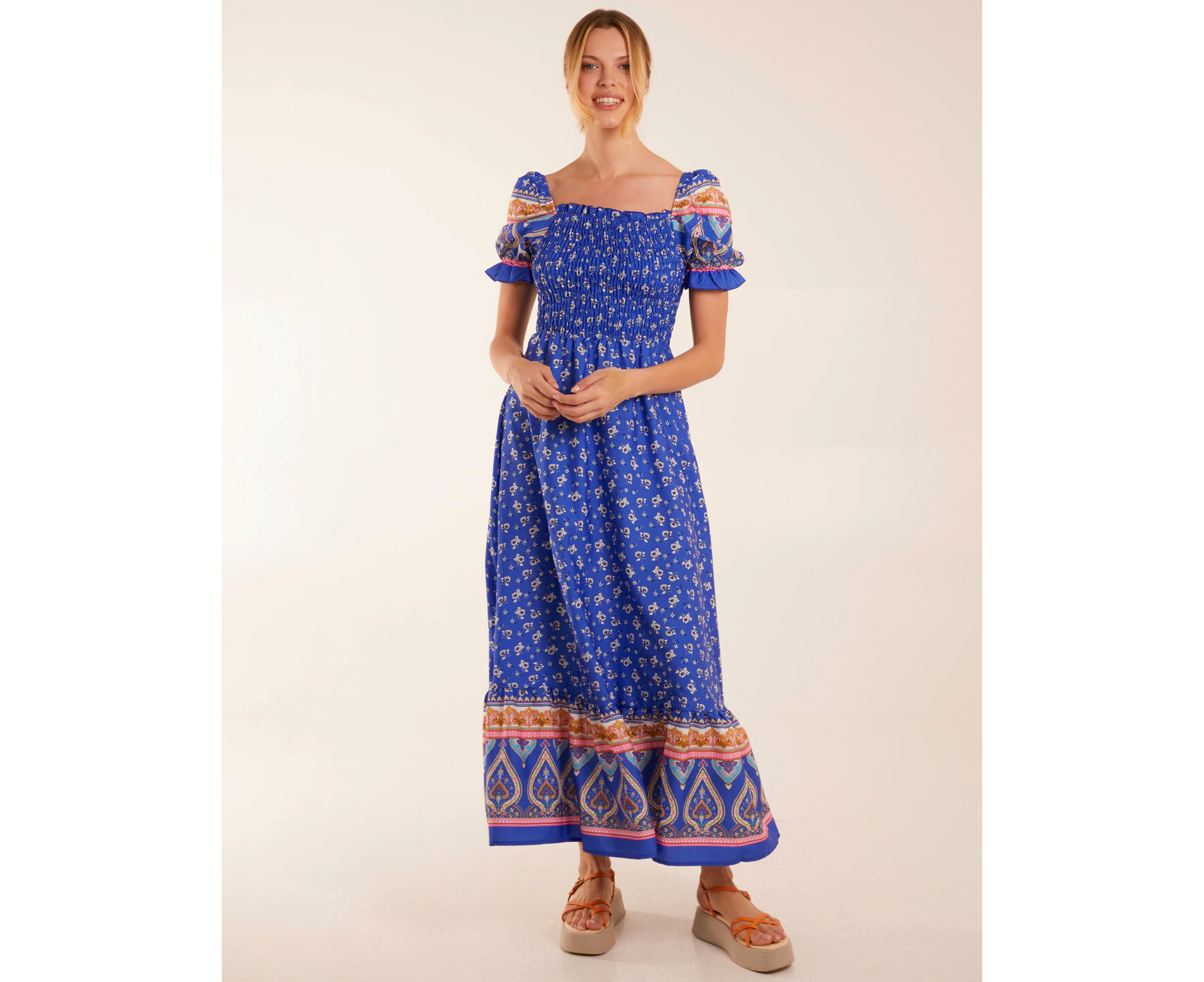 Blue Vanilla Milkmaid Shirred Floral Maxi Dress-BLUE