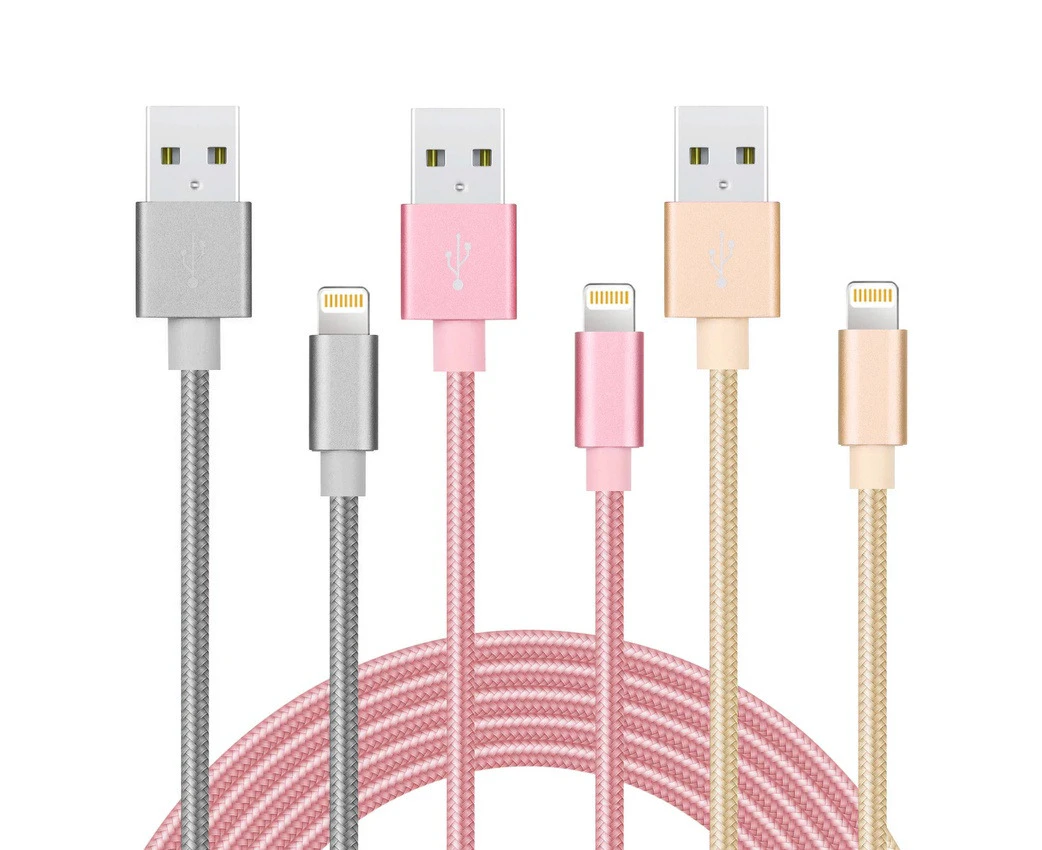 [3 Pack] 2M USB 2.1A Fast Charger Cable Naylon Braided For Apple iPhone 14 13 12 11 XR X S Max Charging Cord - Silver/Pink/Gold