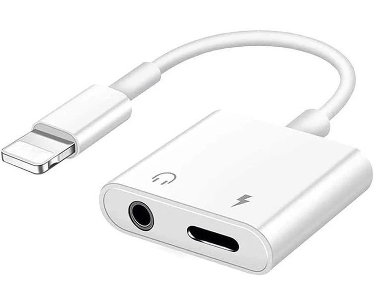 2 in 1 Lightning to 3.5 mm AUX Audio + Charger Splitter Dongle Adapter Compatible with iPhone 14/13/12/11 Pro Max, iPhone XS/XR/X/8/7 iPad - White