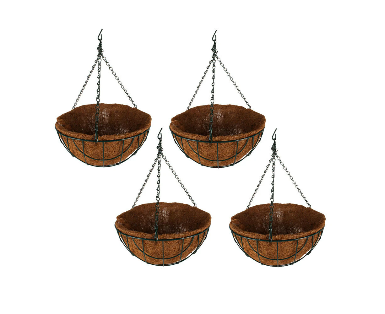 4x Yard Master Hanging Basket w/ Liner & Chain Outdoor Decor Gear D35cm Brown