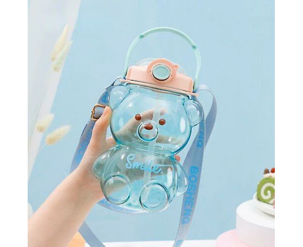 Kawaii Bear Plastic Water Bottle With Straw Shoulder Strap Cute Kids Bottles