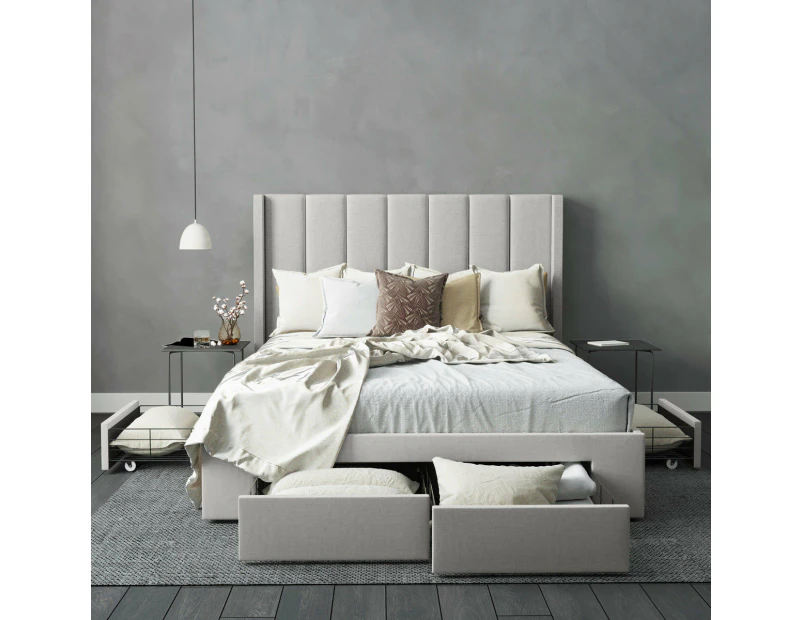 Four Storage Drawers Bed Frame with Tall Vertical Lined Bed Head with WIngs in King, Queen and Double Size (Grey Fabric)