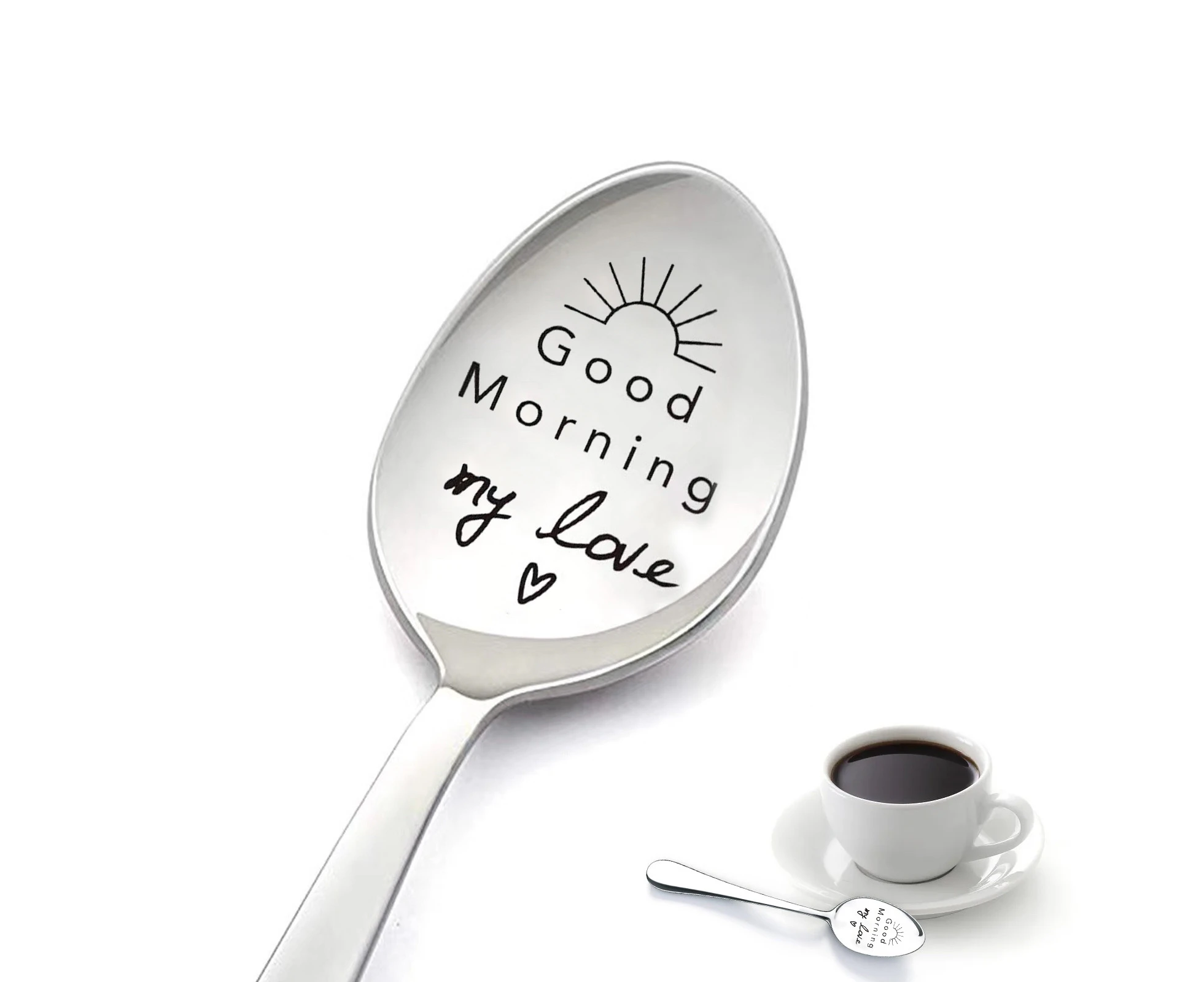 Engraved Stainless Steel Long-Handled Spoon, "Good Morning My Love," Silver